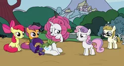 Size: 1618x864 | Tagged: safe, artist:emeraldblast63, banned from derpibooru, deleted from derpibooru, derpibooru import, apple bloom, rarity, scootaloo, sweetie belle, zippoorwhill, forever filly, cutie mark, cutie mark crusaders, flower costume, flowerity, ponyville, scene interpretation, sitting, the cmc's cutie marks