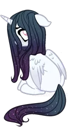 Size: 513x900 | Tagged: safe, artist:lullabyprince, banned from derpibooru, deleted from derpibooru, derpibooru import, oc, unofficial characters only, alicorn, pony, alicorn oc, blank flank, ethereal mane, female, horn, mare, simple background, sitting, solo, starry mane, transparent background, wings