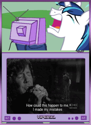 Size: 559x762 | Tagged: safe, banned from derpibooru, deleted from derpibooru, derpibooru import, shining armor, animated, black and white, crying, crying armor, exploitable meme, grayscale, horn, meme, microphone, monochrome, obligatory pony, simple plan, television, tv meme