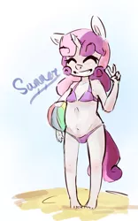 Size: 1000x1600 | Tagged: suggestive, artist:elijah, banned from derpibooru, deleted from derpibooru, derpibooru import, sweetie belle, anthro, plantigrade anthro, unicorn, beach ball, belly button, bikini, breasts, clothes, delicious flat chest, female, freckles, image, lolicon, peace sign, png, solo, swimsuit, text, underage