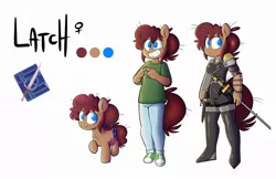 Size: 1280x831 | Tagged: safe, artist:belaboy, banned from derpibooru, deleted from derpibooru, derpibooru import, oc, oc:latch, unofficial characters only, anthro, earth pony, pony, armor, clothes, converse, female, mare, reference sheet, shoes, solo, sword, weapon