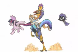 Size: 1349x919 | Tagged: safe, artist:smcho1014, banned from derpibooru, deleted from derpibooru, derpibooru import, twilight sparkle, twilight sparkle (alicorn), oc, oc:wild sketchy, ponified, alicorn, dinosaur, feathered dinosaur, gallimimus, human, pony, unicorn, colored pencil drawing, female, flying, male, mare, ponies riding dinosaurs, raven (teen titans), riding, simple background, tara strong, traditional art, white background