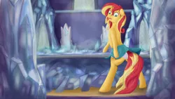 Size: 1280x720 | Tagged: suggestive, alternate version, artist:taggerung, banned from derpibooru, deleted from derpibooru, derpibooru import, sunset shimmer, pony, bipedal, bunset shimmer, butt, castle, clothes, colored, crystal, cute, floppy ears, map, panties, plot, skirt, skirt lift, skirt pull, solo, underwear, upskirt, white underwear