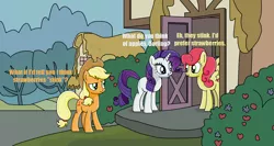 Size: 1618x860 | Tagged: safe, artist:emeraldblast63, banned from derpibooru, deleted from derpibooru, derpibooru import, applejack, rarity, strawberry sunrise, earth pony, pegasus, pony, unicorn, honest apple, building, cowboy hat, dialogue, female, hat, mare, ponyville, scene interpretation, stetson, strawberry savage, trio