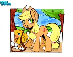 Size: 1024x807 | Tagged: safe, artist:ponebooth, banned from derpibooru, deleted from derpibooru, derpibooru import, applejack, bird, chocobo, pony, crossover, final fantasy, rope, solo, traditional art