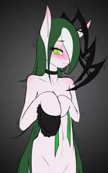 Size: 1500x2400 | Tagged: safe, artist:lilith, banned from derpibooru, deleted from derpibooru, derpibooru import, oc, oc:lorelei undertow, unofficial characters only, hybrid, original species, semi-anthro, spider, bonnet, cute, embarrassed, female, jorogumo, jorogumo pony, mare, poisonous, shy, solo