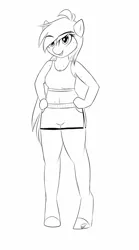 Size: 1142x2048 | Tagged: safe, artist:nero9, banned from derpibooru, deleted from derpibooru, derpibooru import, oc, oc:color cloud, unofficial characters only, anthro, athletic, black and white, clothes, cute, grayscale, looking at you, monochrome, shorts, simple background, sketch, solo, sports bra, sweat, white background