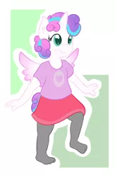 Size: 1048x1610 | Tagged: safe, artist:vitriolink, banned from derpibooru, deleted from derpibooru, derpibooru import, princess flurry heart, alicorn, anthro, plantigrade anthro, clothes, cute, female, flurrybetes, image, pantyhose, png, shirt, skirt, smiling, solo, tights, t-shirt