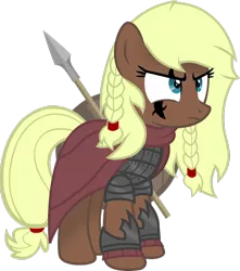 Size: 1280x1449 | Tagged: safe, artist:fletcherthehuntress, banned from derpibooru, deleted from derpibooru, derpibooru import, oc, oc:sigrunn astrid, unofficial characters only, earth pony, pony, female, mare, shield, simple background, solo, spear, transparent background, vector, viking, weapon