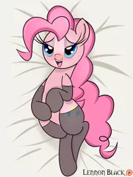 Size: 900x1200 | Tagged: suggestive, artist:jetwave, artist:lennonblack, banned from derpibooru, deleted from derpibooru, derpibooru import, edit, pinkie pie, earth pony, pony, bed, bedroom eyes, blushing, clothes, female, mare, patreon, see-through, socks, solo