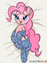 Size: 900x1200 | Tagged: suggestive, artist:jetwave, artist:lennonblack, banned from derpibooru, deleted from derpibooru, derpibooru import, edit, pinkie pie, earth pony, pony, bed, bedroom eyes, blushing, clothes, female, garters, mare, panties, patreon, socks, solo, stockings, thigh highs, underwear