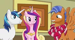 Size: 1615x864 | Tagged: safe, artist:emeraldblast63, banned from derpibooru, deleted from derpibooru, derpibooru import, princess cadance, shining armor, spearhead, alicorn, pegasus, pony, unicorn, a flurry of emotions, clothes, museum, scarf, scene interpretation