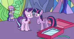 Size: 1618x864 | Tagged: safe, artist:emeraldblast63, banned from derpibooru, deleted from derpibooru, derpibooru import, starlight glimmer, twilight sparkle, twilight sparkle (alicorn), alicorn, pony, celestial advice, equestrian pink heart of courage, mirror, present, raised hoof, twilight's castle
