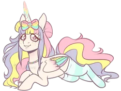 Size: 1136x861 | Tagged: safe, artist:lullabyprince, banned from derpibooru, deleted from derpibooru, derpibooru import, oc, oc:pastel sweetie, unofficial characters only, alicorn, pony, clothes, colored wings, female, mare, multicolored wings, prone, simple background, socks, solo, stockings, thigh highs, transparent background, wings