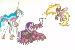 Size: 1349x900 | Tagged: safe, artist:smcho1014, banned from derpibooru, deleted from derpibooru, derpibooru import, daybreaker, princess celestia, starlight glimmer, oc, oc:wild sketchy, alicorn, arthropleura, centipede, giant centipede, pony, unicorn, a royal problem, coils, colored pencil drawing, female, male, mane of fire, mare, simple background, swapped cutie marks, traditional art, white background