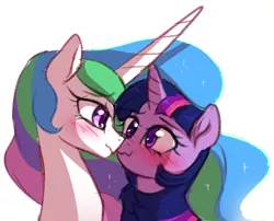 Size: 756x611 | Tagged: safe, artist:verawitch, banned from derpibooru, deleted from derpibooru, derpibooru import, princess celestia, twilight sparkle, twilight sparkle (alicorn), alicorn, pony, blushing, boop, colored sketch, duo, eye contact, female, lesbian, looking at each other, mare, noseboop, shipping, simple background, smiling, twilestia, white background