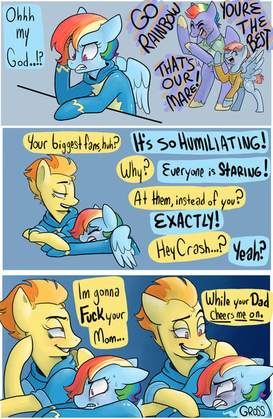 Size: 833x1277 | Tagged: questionable, artist:charlie-bad-touch, banned from derpibooru, deleted from derpibooru, derpibooru import, bow hothoof, rainbow dash, spitfire, windy whistles, pegasus, pony, bedroom eyes, bipedal, blushing, clothes, comic, dialogue, eyes closed, female, floppy ears, funny, grin, gritted teeth, hoodie, implied futa, male, rainbow dash's parents, sexy, shipping, smiling, smug, spread wings, straight, stupid sexy spitfire, sweat, uniform, vulgar, windyhoof, wings, wonderbolts uniform