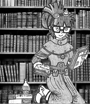 Size: 380x438 | Tagged: safe, artist:atisuto17, banned from derpibooru, deleted from derpibooru, derpibooru import, sci-twi, twilight sparkle, equestria girls, book, brotherhood of steel, crossover, fallout, female, library, monochrome, nuka cola, scribe, solo, traditional art