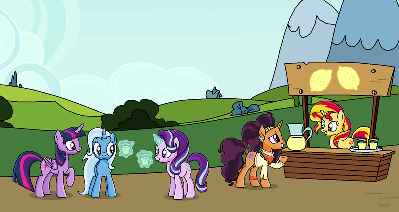 Size: 1618x864 | Tagged: safe, artist:emeraldblast63, banned from derpibooru, deleted from derpibooru, derpibooru import, saffron masala, starlight glimmer, sunset shimmer, trixie, twilight sparkle, twilight sparkle (alicorn), alicorn, pony, unicorn, cloud, female, glowing horn, grass, group, horn, juice, lemonade, lemonade stand, magic, mare, mountain, smiling