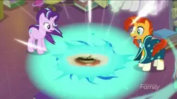 Size: 854x480 | Tagged: safe, banned from derpibooru, deleted from derpibooru, derpibooru import, edit, edited screencap, screencap, starlight glimmer, sunburst, pony, celestial advice, bath snow, black hole, discovery family logo, jeffy i'm gonna eat your butt, supermariologan