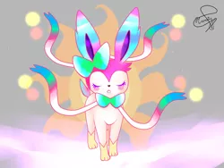 Size: 1600x1200 | Tagged: safe, artist:hanaty, banned from derpibooru, deleted from derpibooru, derpibooru import, princess celestia, sylveon, crossover, eyes closed, female, pokefied, pokémon, solo, species swap