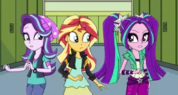 Size: 1614x864 | Tagged: safe, artist:emeraldblast63, banned from derpibooru, deleted from derpibooru, derpibooru import, aria blaze, starlight glimmer, sunset shimmer, equestria girls, mirror magic, rainbow rocks, spoiler:eqg specials, canterlot high, clothes, difference, jacket, pants, shirt, trio