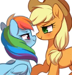 Size: 1077x1116 | Tagged: dead source, safe, artist:verawitch, banned from derpibooru, deleted from derpibooru, derpibooru import, applejack, rainbow dash, pony, appledash, blushing, eye contact, female, lesbian, looking at each other, shipping, simple background, smiling, white background