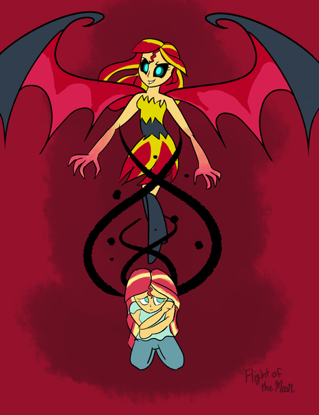 Size: 1440x1872 | Tagged: safe, artist:flight-of-the-moon, banned from derpibooru, deleted from derpibooru, derpibooru import, sunset shimmer, equestria girls, clothes, female, kneeling, pants, red background, sad, simple background, sunset satan