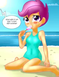 Size: 1500x1942 | Tagged: suggestive, artist:dieart77, banned from derpibooru, deleted from derpibooru, derpibooru import, scootaloo, equestria girls, barefoot, beach, clothes, dialogue, feet, female, food, ocean, offscreen character, popsicle, sand, solo, solo female, speech bubble, suggestive eating, swimsuit