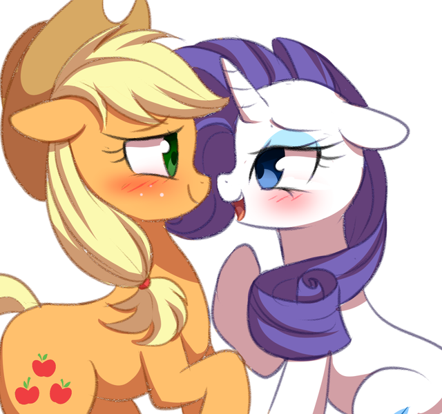 Size: 1221x1144 | Tagged: dead source, safe, artist:verawitch, banned from derpibooru, deleted from derpibooru, derpibooru import, applejack, rarity, earth pony, pony, unicorn, cowboy hat, female, floppy ears, hat, lesbian, looking at each other, mare, rarijack, shipping, simple background, smiling, stetson, white background