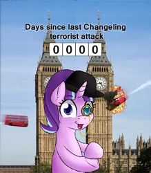 Size: 700x800 | Tagged: safe, artist:10art1, banned from derpibooru, deleted from derpibooru, derpibooru import, edit, starlight glimmer, big ben, bowler hat, britain, clapping, great britain, hat, monocle, /pol/, solo, starlight says bravo