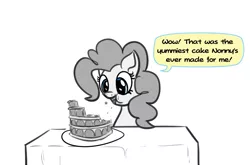 Size: 1009x664 | Tagged: safe, artist:oral coral, banned from derpibooru, deleted from derpibooru, derpibooru import, pinkie pie, earth pony, pony, 4chan, aweeg*, cake, dialogue, drawthread, eating, food, implied anon, partial color, plate, puffy cheeks, solo, speech bubble