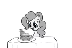Size: 1009x664 | Tagged: safe, artist:oral coral, banned from derpibooru, deleted from derpibooru, derpibooru import, pinkie pie, earth pony, pony, 4chan, aweeg*, cake, drawthread, eating, food, implied anon, monochrome, neo noir, partial color, plate, puffy cheeks, solo