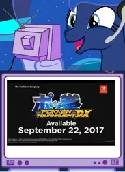 Size: 563x771 | Tagged: safe, banned from derpibooru, deleted from derpibooru, derpibooru import, princess luna, gamer luna, exploitable meme, game trailer, meme, nintendo switch, obligatory pony, pokémon, pokkén tournament, pokkén tournament dx, tv meme, youtube link