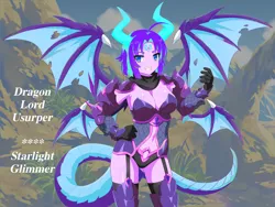 Size: 1440x1080 | Tagged: safe, banned from derpibooru, deleted from derpibooru, derpibooru import, edit, starlight glimmer, dragon, alternate color palette, armor, grass, grin, hand on hip, horns, humanoid, looking at you, magic, mountain, revealing clothing, sakura dungeon, smiling, species swap, symbol, tail, vesta, video game, video game crossover, wings