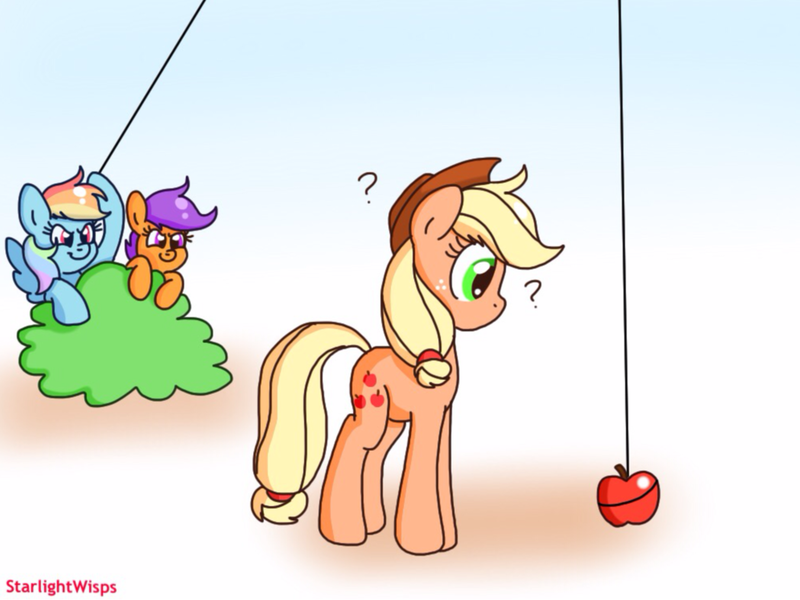 Size: 1024x768 | Tagged: safe, artist:starlightwisps, banned from derpibooru, deleted from derpibooru, derpibooru import, applejack, rainbow dash, scootaloo, earth pony, pegasus, pony, apple, bush, fishing rod, food, hiding, prank, question mark, smiling