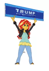 Size: 976x1412 | Tagged: safe, artist:manly man, banned from derpibooru, deleted from derpibooru, derpibooru import, sunset shimmer, equestria girls, donald trump, exploitable meme, meme, mouthpiece, politics, sign, sunset's board