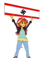 Size: 950x1278 | Tagged: safe, artist:manly man, banned from derpibooru, deleted from derpibooru, derpibooru import, edit, sunset shimmer, equestria girls, banner, colored pencil drawing, evil, exploitable meme, flag, meme, mouthpiece, nazi, nazi flag, politics, protest, sign, simple background, solo, sunset's board, swastika, symbol, template, traditional art, white background