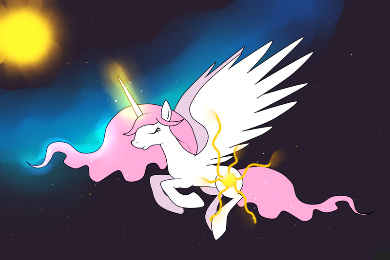 Size: 1024x683 | Tagged: safe, artist:hanaty, banned from derpibooru, deleted from derpibooru, derpibooru import, princess celestia, alicorn, pony, female, magic, nebula, pink-mane celestia, sleeping, solo, space, sun