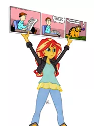 Size: 761x1024 | Tagged: safe, artist:manly man, banned from derpibooru, deleted from derpibooru, derpibooru import, edit, sunset shimmer, equestria girls, caption, clothes, exploitable meme, garfield, image macro, meme, now where could my pipe be, pants, sign, simple background, sunset's board, text, white background