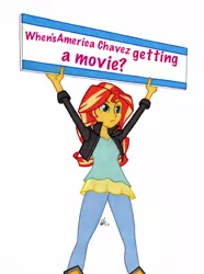 Size: 950x1278 | Tagged: safe, artist:manly man, banned from derpibooru, deleted from derpibooru, derpibooru import, sunset shimmer, america chavez, exploitable meme, marvel, meme, question, sign, simple background, solo, sunset's board, white background