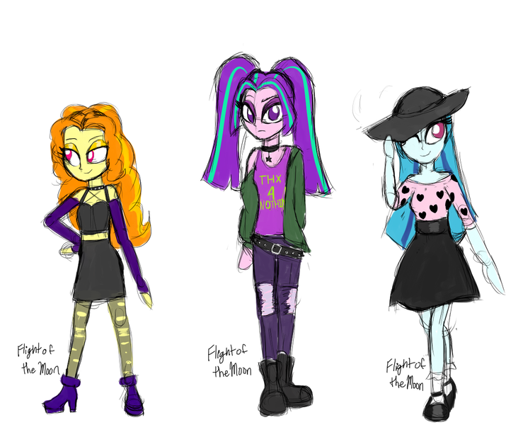 Size: 1231x1000 | Tagged: safe, artist:flight-of-the-moon, banned from derpibooru, deleted from derpibooru, derpibooru import, adagio dazzle, aria blaze, sonata dusk, equestria girls, alternate costumes, belt, boots, clothes, hat, jeans, mary janes, midriff, pants, shirt, shoes, skirt, socks, the dazzlings, tights