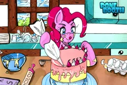 Size: 800x541 | Tagged: safe, artist:ponebooth, banned from derpibooru, deleted from derpibooru, derpibooru import, pinkie pie, pony, baking, book, cake, dish, egg, egg beater, food, frosting, icing bag, rolling pin, solo