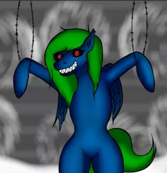 Size: 481x500 | Tagged: semi-grimdark, artist:maxh_scratch, banned from derpibooru, deleted from derpibooru, derpibooru import, oc, oc:sagelight, unofficial characters only, pegasus, pony, undead, zombie, barbed wire, creepy, creepy grin, death, ear piercing, earring, eyelashes, female, grin, hanging, jewelry, lips, looking at you, mare, piercing, red eyes, sharp teeth, simple background, smiling, solo, teeth, wires