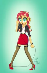 Size: 671x1038 | Tagged: safe, artist:flight-of-the-moon, banned from derpibooru, deleted from derpibooru, derpibooru import, sunset shimmer, equestria girls, alternate costumes, alternate hairstyle, clothes, colored pupils, female, flower, flower in hair, garters, high heels, jacket, microphone, rockabilly, shoes, skirt, socks, solo, stockings, thigh highs