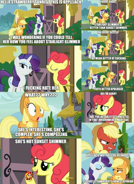 Size: 1606x2200 | Tagged: safe, banned from derpibooru, deleted from derpibooru, derpibooru import, edit, edited screencap, screencap, applejack, rarity, starlight glimmer, strawberry sunrise, sunset shimmer, honest apple, comic, drama, drama bait, fandom, fandom war, meme, op is a thief, screencap comic, starlight drama, sunset vs starlight debate