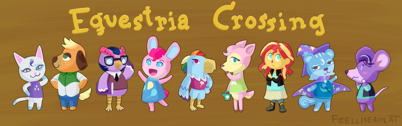 Size: 1600x502 | Tagged: safe, artist:feellikeaplat, banned from derpibooru, deleted from derpibooru, derpibooru import, applejack, fluttershy, pinkie pie, rainbow dash, rarity, starlight glimmer, sunset shimmer, trixie, twilight sparkle, animal crossing, clothes, crossover, species swap