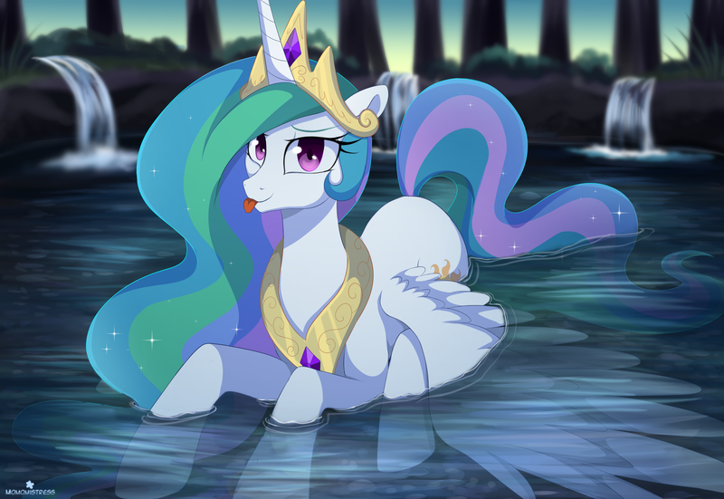 Size: 3092x2128 | Tagged: safe, artist:verawitch, banned from derpibooru, deleted from derpibooru, derpibooru import, princess celestia, alicorn, pony, crown, cute, cutelestia, female, jewelry, looking at you, mare, prone, regalia, sillestia, silly, smiling, solo, tongue out, water