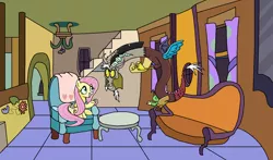 Size: 1470x864 | Tagged: safe, artist:emeraldblast63, banned from derpibooru, deleted from derpibooru, derpibooru import, discord, fluttershy, draconequus, pegasus, pony, discordant harmony, chair, couch, duo, female, house, living room, looking at each other, mare, smiling, stairs