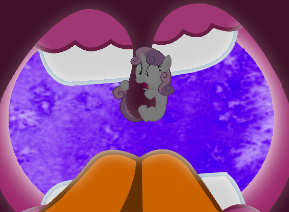 Size: 568x417 | Tagged: safe, artist:nayolfa, artist:trini-mite, banned from derpibooru, deleted from derpibooru, derpibooru import, edit, edited screencap, screencap, sweetie belle, pony, for whom the sweetie belle toils, implied rarity, mouth cam, sweetie belle nabbing uvula, uvula, uvula hug, vore